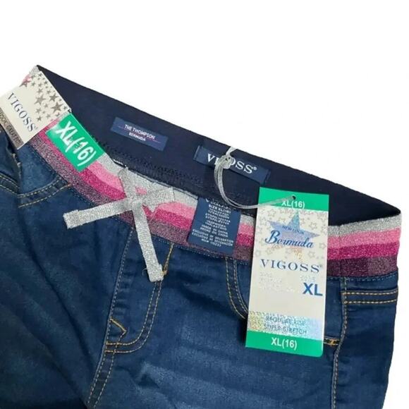 Vigoss Girls Jean Shorts Bermuda Cuff Rainbow Waistband Dark Blue XL NWT - Picture 3 of 3